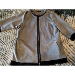 Colleen Lopez Gray 2X Sueded Topper Jacket with Black Fringe Detail Quiet Luxury
